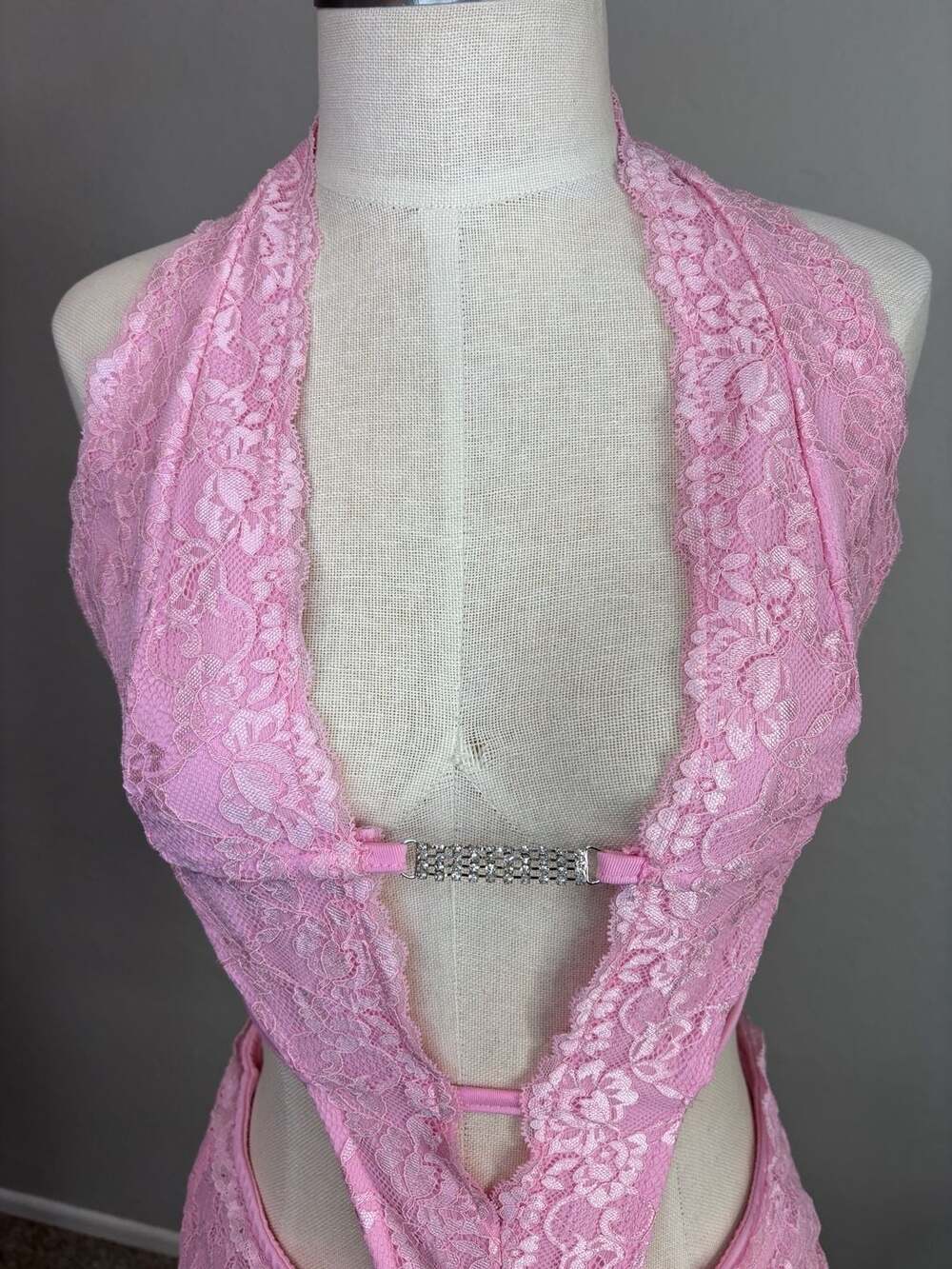 Pink Lace Halter Cut-Out Mini Dress with Rhinestone Detail - Picture 2 of 11